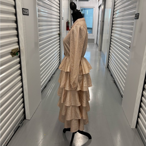 Mazik Tan Blush Pink Gold Ruffled Tiered Gown with Mandarin Collar - Picture 7 of 15